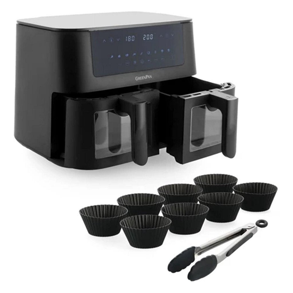 GreenPan Bistro Dual Zone Airfryer 2x 4L 3000W + 9-delige Bakset Zwart