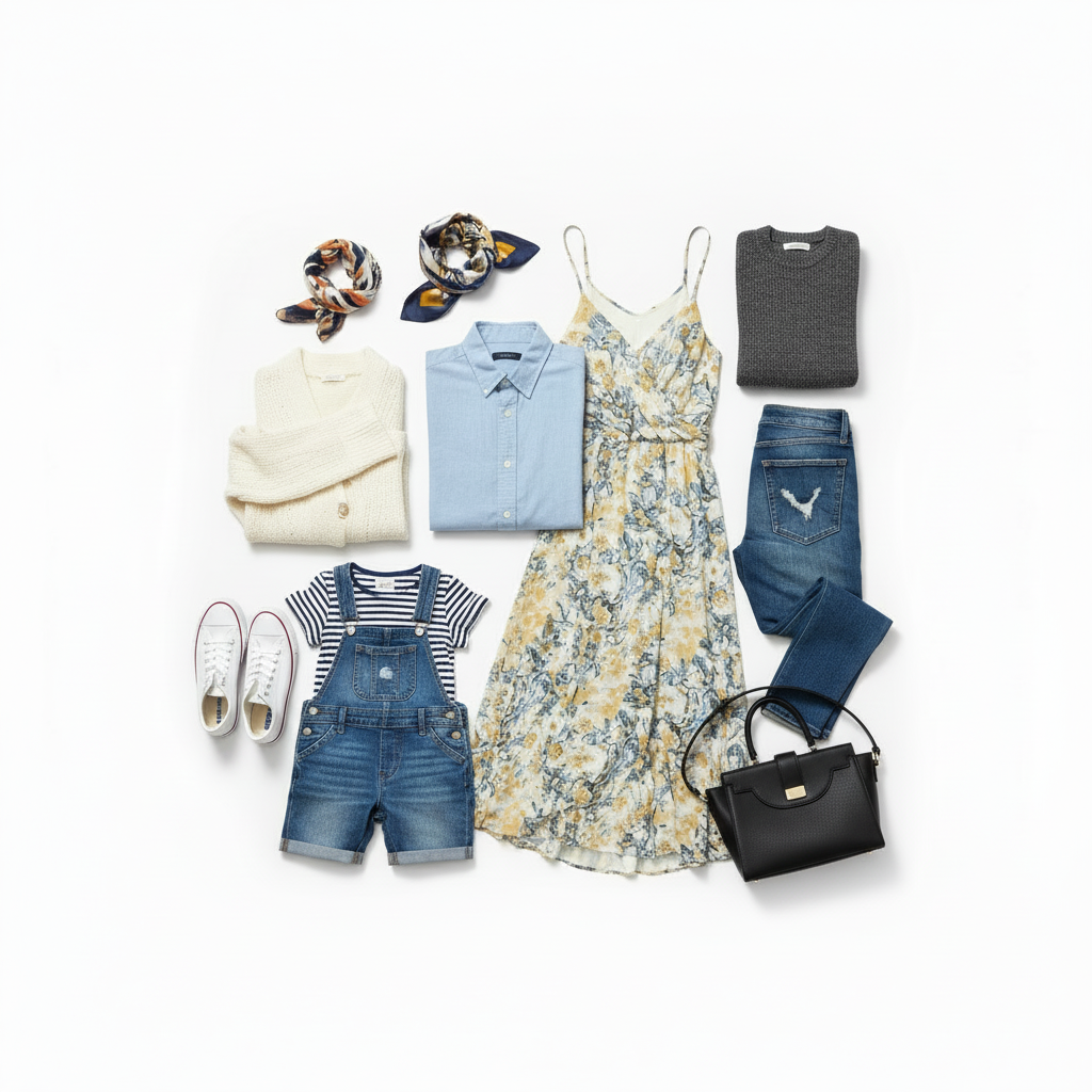 Kleding collectie met zwarte tas