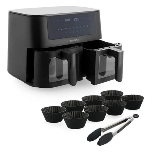 GreenPan Bistro Dual Zone Airfryer 2x 4L 3000W + 9-delige Bakset Zwart